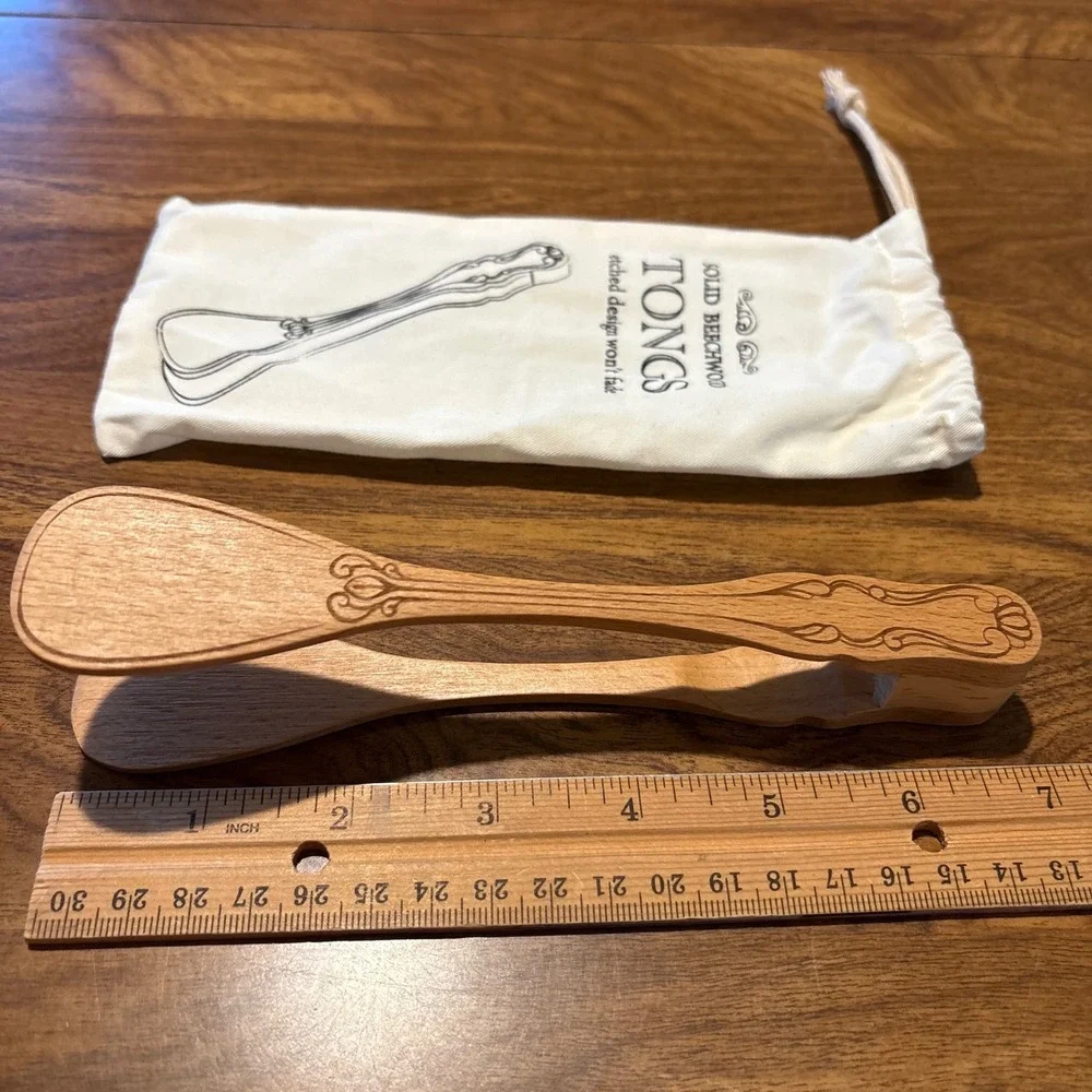 Solid Beechwood Kitchen Tongs Etched Design Serving Utensil with Storage Bag New